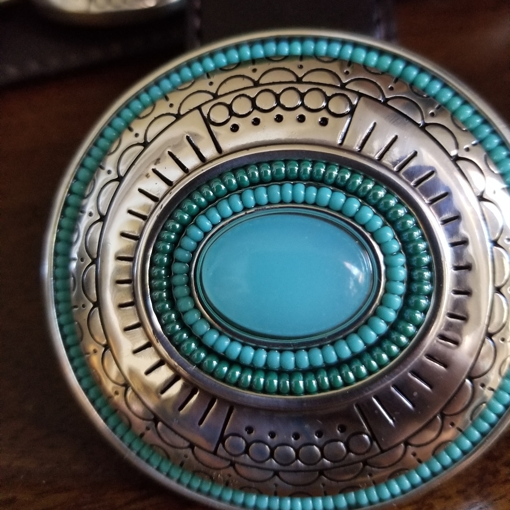 BRIGHTON Large brown leather turquoise silver medallions conchos belt Vista